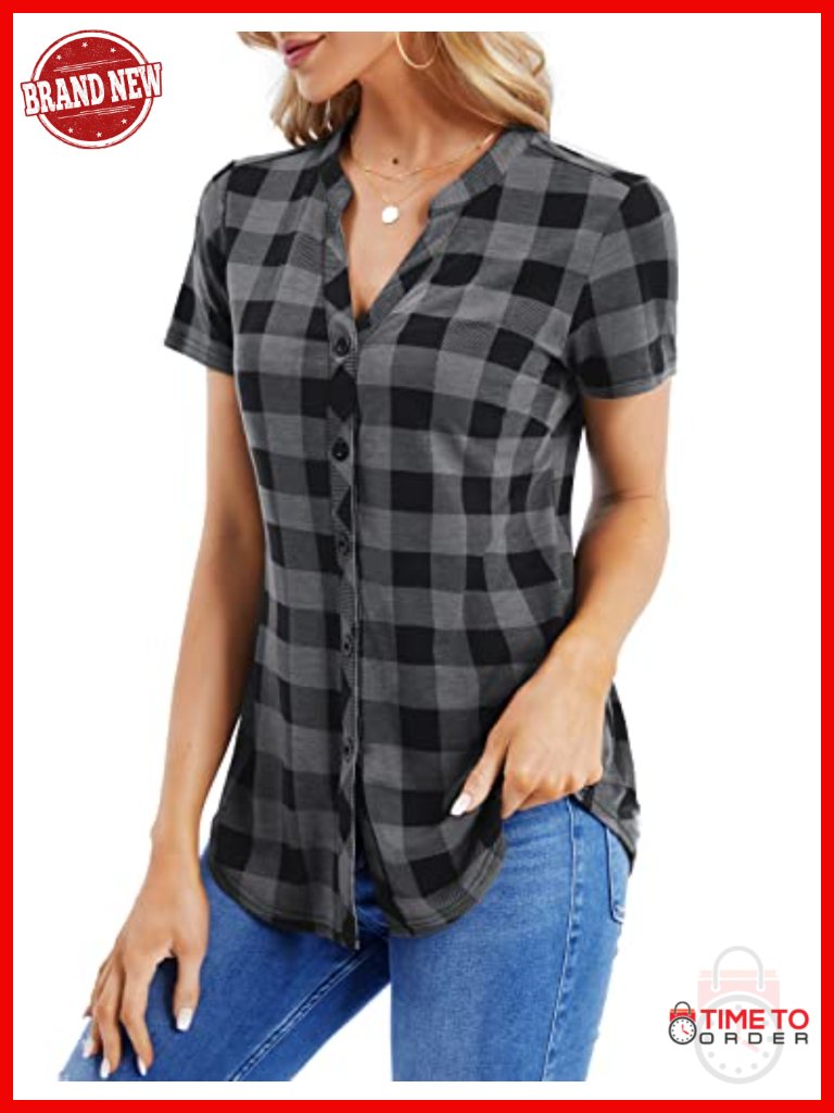 Short Sleeve Notch V Neck Button Down Plaid Blouse